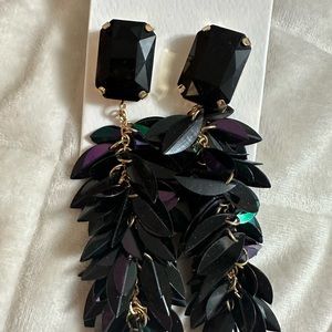 Black earrings with feather like drop.